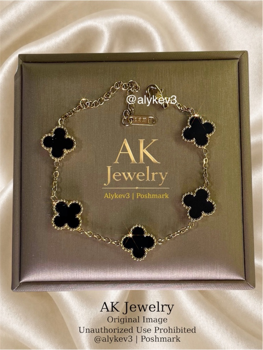 💎18k LUXURY QUATREFOIL Clover 5 Motif Bracelet, Onyx Black Stainless Steel